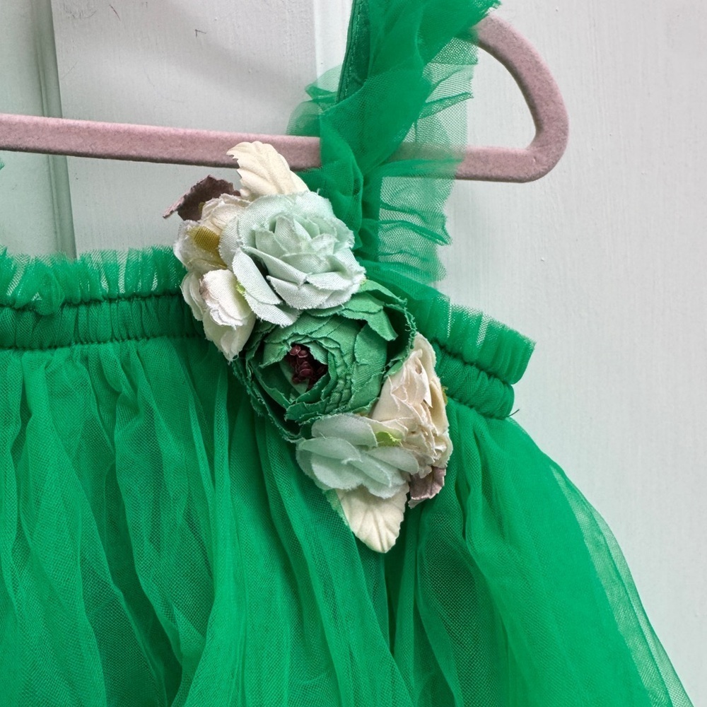 3T Girls Green Tulle Tank Top Dress with Floral Pin Detail - Picture 2 of 5